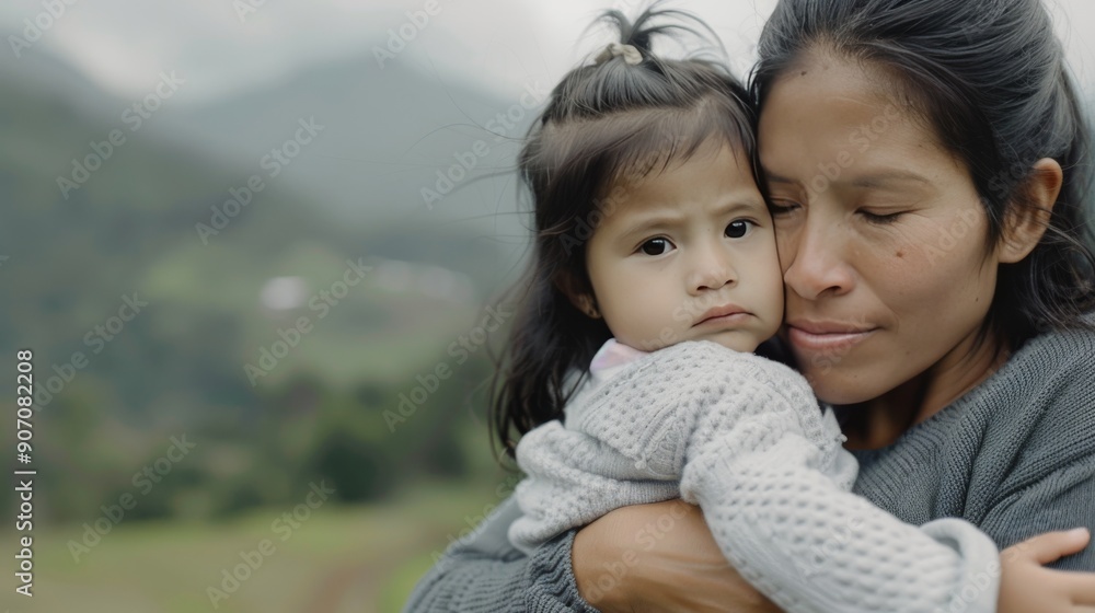 Mother Embracing Child in Rural Village During Overcast Day Mother Embracing Child in Rural Village During Overcast Day