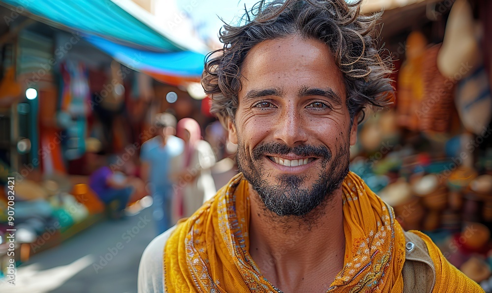 A handsome man at Jamaa el Fna market in Morocco takes a selfie while enjoying his summer vacation, highlighting the travel and blogging experience. A handsome man at Jamaa el Fna market in Morocco takes a selfie while enjoying his summer vacation, highlighting the travel and blogging experience.