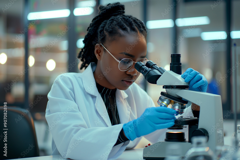 African American female scientist using microscope in laboratory African American female scientist using microscope in laboratory