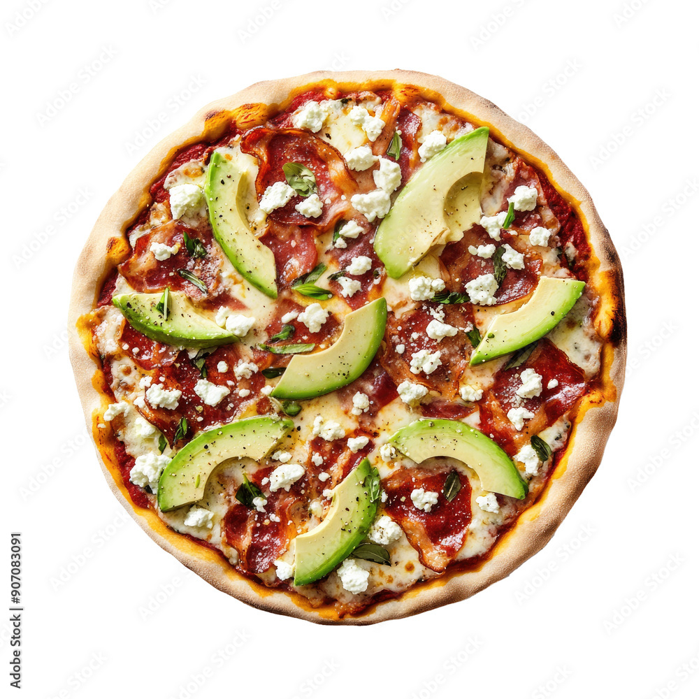 Pizza with Avocado, Bacon and Feta Cheese Isolated on a Transparent Background Pizza with Avocado, Bacon and Feta Cheese Isolated on a Transparent Background