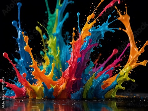 Vibrant paint splashes burst on black canvas, creating abstract art with glowing color patterns