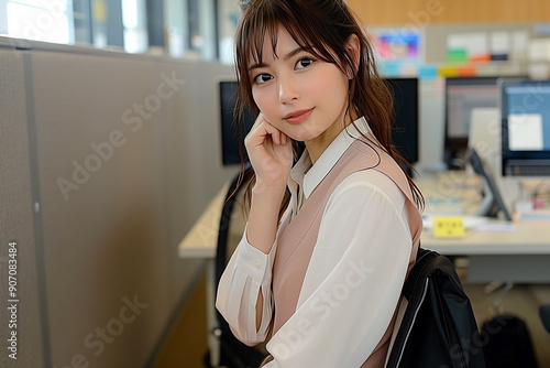 薄いピンクのOLの制服でベストを着ている20代女性 photo