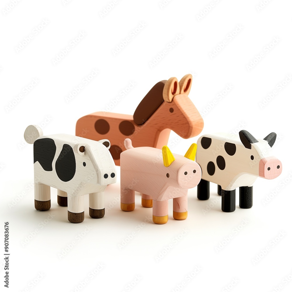 Wooden animal toys including a horse a cow and a pig isolated on white background Wooden animal toys including a horse a cow and a pig isolated on white background