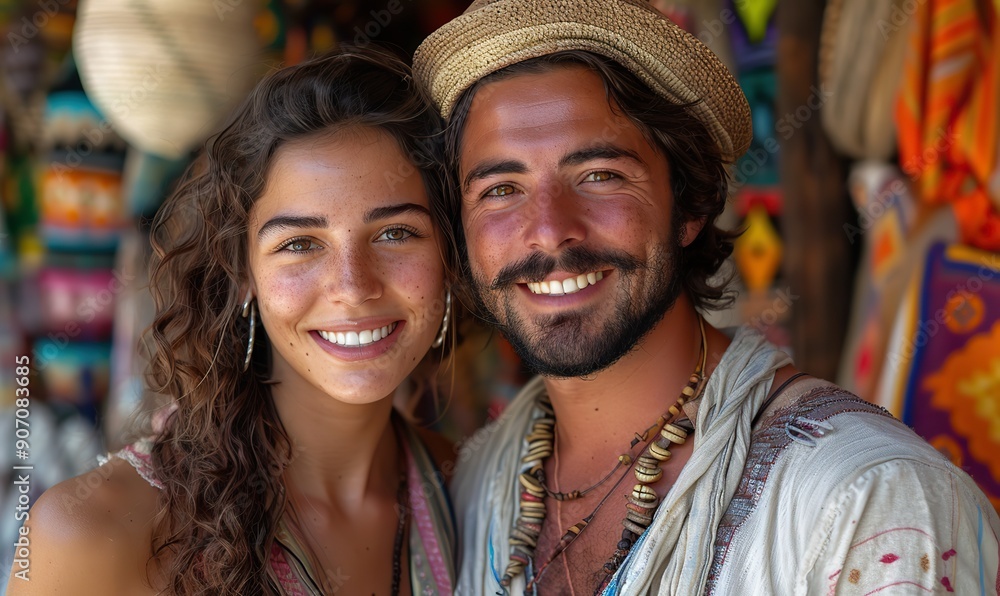 A happy couple visiting the Jamaa el Fna market in Marrakech, Morocco, captures a selfie together during their summer vacation, highlighting tourism and romance. A happy couple visiting the Jamaa el Fna market in Marrakech, Morocco, captures a selfie together during their summer vacation, highlighting tourism and romance.