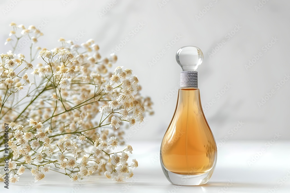 Perfume bottle with flowers and leaves on white background, flat lay Perfume bottle with flowers and leaves on white background, flat lay