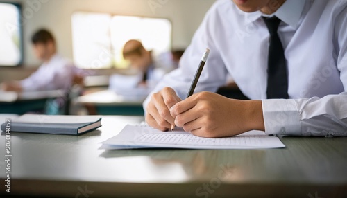 Students looking at exams, students writing by hand