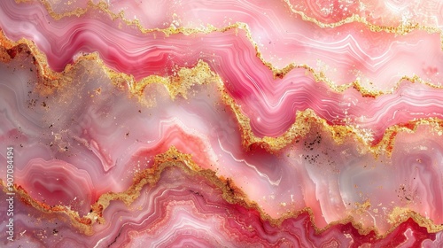 A high-resolution pink marble background featuring gold watercolor patterns and light glitter details. The seamless agate effect offers a sophisticated and artistic wallpaper design