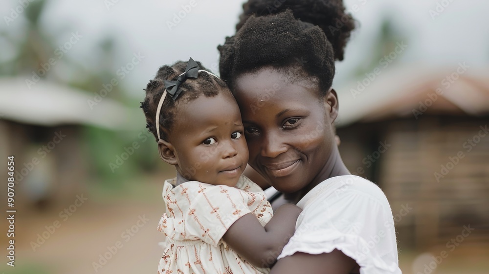 Fototapeta premium Mother Embracing Child in Rural Village During Overcast Day