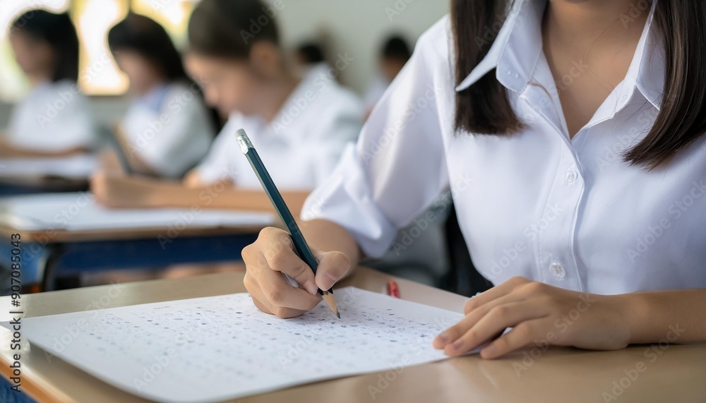 Students looking at exams, students writing by hand Students looking at exams, students writing by hand