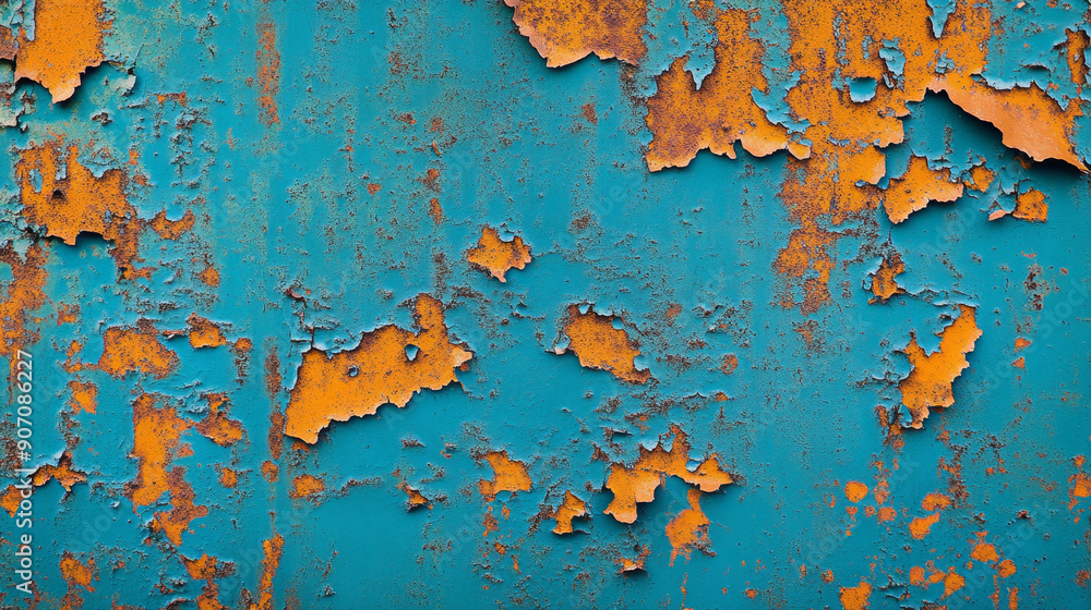 Abstract background with rusted metal texture, blue and orange colors, wall of old iron plate Abstract background with rusted metal texture, blue and orange colors, wall of old iron plate
