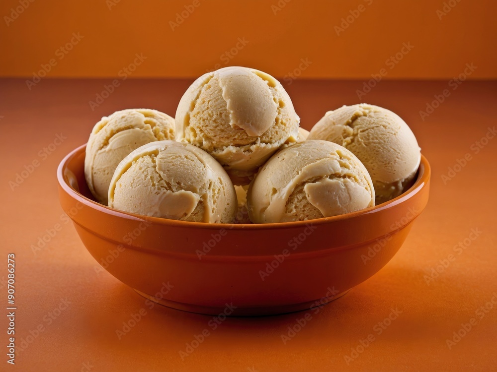 Banana ice cream balls in nice plate on orange background: a stylishly minimalist dessert arrangement. Banana ice cream balls in nice plate on orange background: a stylishly minimalist dessert arrangement.