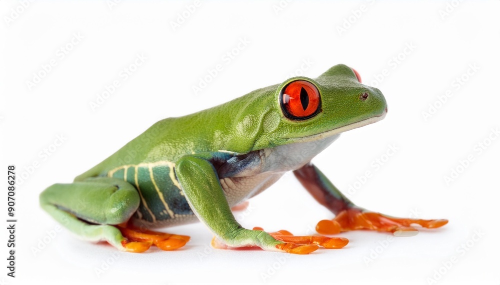 Fototapeta premium Red eyed monkey tree frog, Agalychnis callydrias. A tropical rain forest animal with vibrant eye isolated on a white background.
