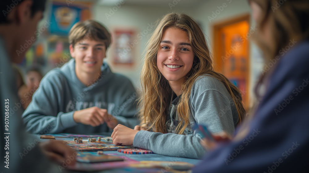 A telephoto angle photo of first-year students in a dorm common area, playing board games or card games, with copy space A telephoto angle photo of first-year students in a dorm common area, playing board games or card games, with copy space