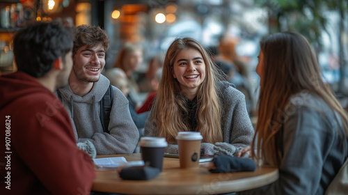 A telephoto angle photo of first-year students gathered around a table at a coffee shop, engaging in animated conversations, with copy space