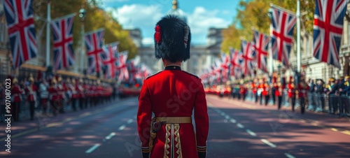 British Trooping. Trooping the Colour Participant. A British guard in a striking red uniform standing at attention during the Trooping the Colour parade, with rows of flags and spectators