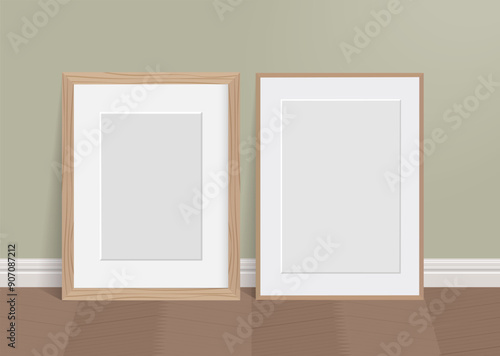 Two wooden frames on the floor. Vector mockup with space for design.