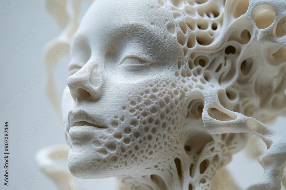 An intricate sculpture of a face, characterized by a textured, porous surface that appears organic and almost ethereal, blending art with a sense of nature An intricate sculpture of a face, characterized by a textured, porous surface that appears organic and almost ethereal, blending art with a sense of nature