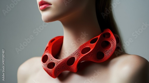 A striking red 3D-printed necklace features an intricate design with holes, highlighting modern fashion and innovative materials photo