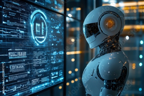 A futuristic robot stands in front of a holographic interface displaying digital data, embodying advanced technology and artificial intelligence in a high-tech environment