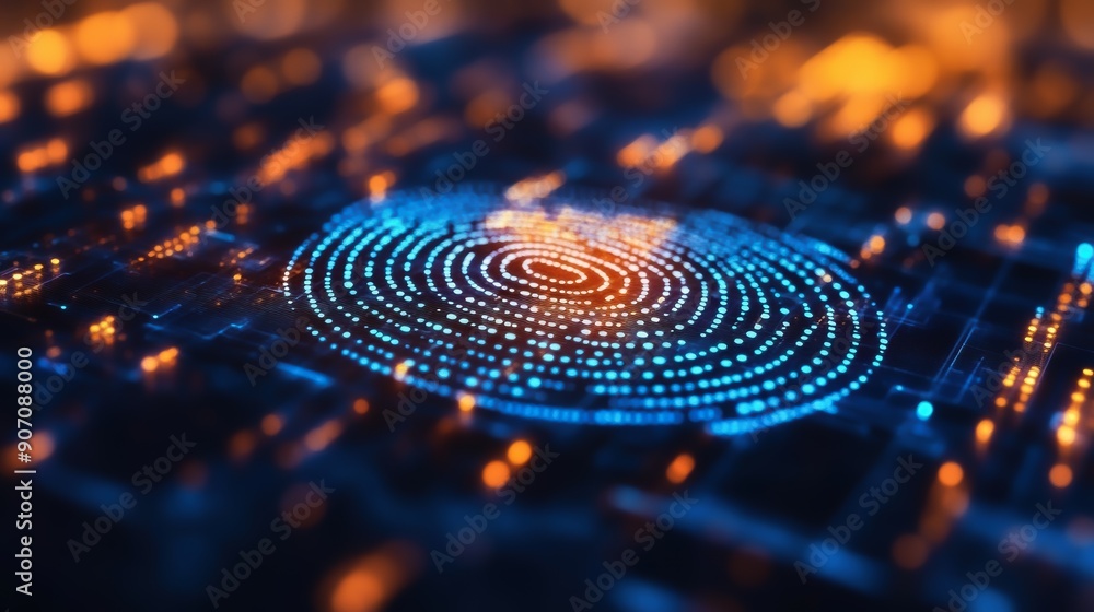 A vibrant digital fingerprint design featuring concentric circles of glowing blue and orange dots, representing data visualization and technology in a futuristic aesthetic. A vibrant digital fingerprint design featuring concentric circles of glowing blue and orange dots, representing data visualization and technology in a futuristic aesthetic.
