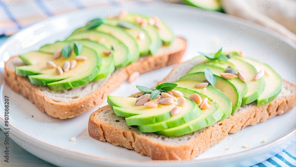 Avocado toast with sunflower seeds on plate Avocado toast with sunflower seeds on plate