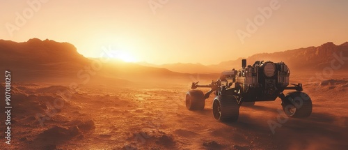 A futuristic rover traverses the Martian landscape during a stunning sunset, showcasing the red planet's vast, dusty terrain and distant mountains photo