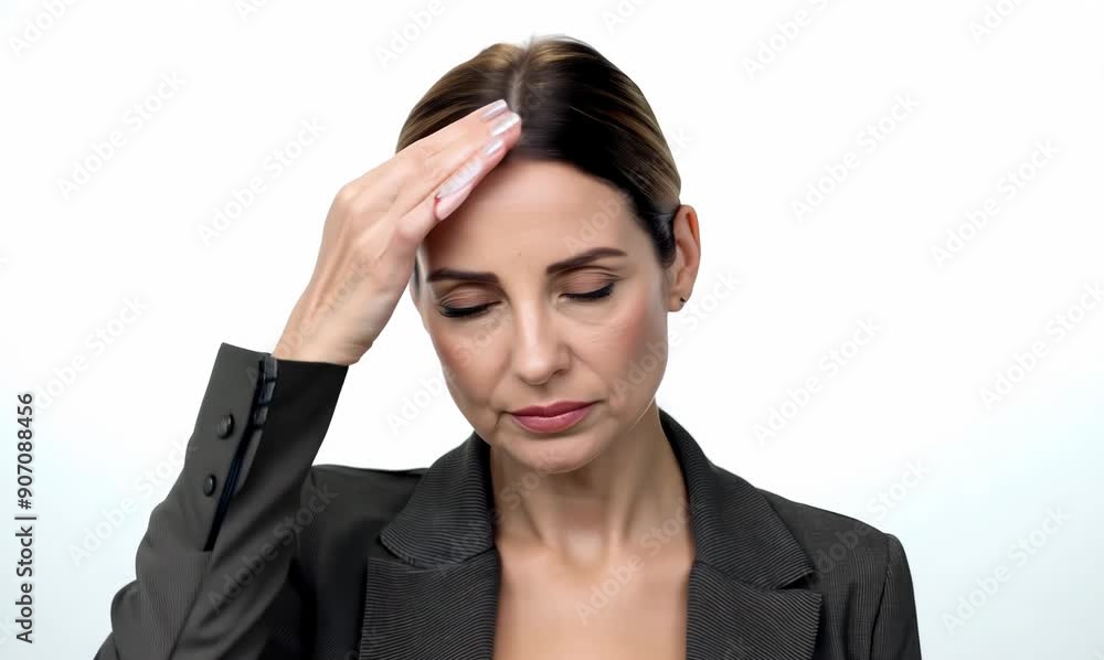 Medium shot portrait video of a woman in her 30s appearing tired and down due to hypothyroidism wearing a classic blazer against a white background Medium shot portrait video of a woman in her 30s appearing tired and down due to hypothyroidism wearing a classic blazer against a white background