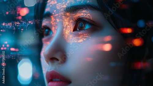 Woman Gazing at Digital Visuals in Urban Environment at Night