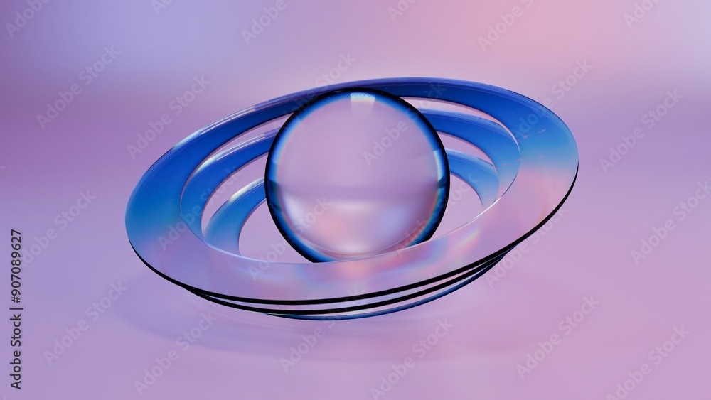 Glass sphere and rings shape on a pink background, 3d render Glass sphere and rings shape on a pink background, 3d render