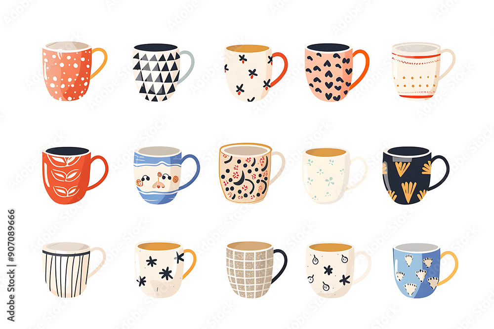 Trendy cups. Coffee and tea mugs in scandinavian style. Side view paper go-cup with modern flower patterns. Colorful porcelain set. Trendy cups. Coffee and tea mugs in scandinavian style. Side view paper go-cup with modern flower patterns. Colorful porcelain set.