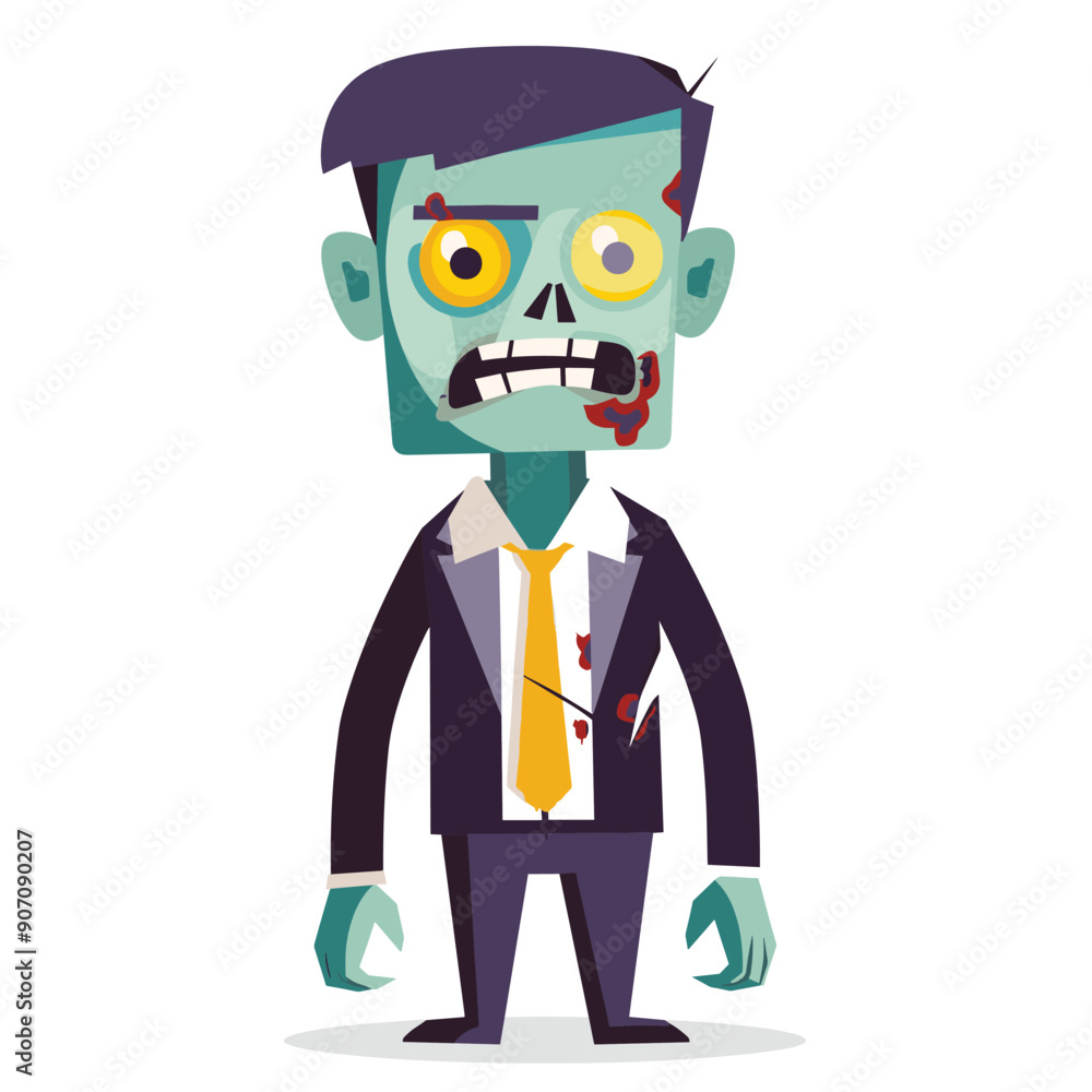 Zombie businessman cartoon character looking disheveled scary. Undead corporate figure wearing torn suit yellow tie, green skin, spooky eyes. Halloween themed vector illustration monstrous office Zombie businessman cartoon character looking disheveled scary. Undead corporate figure wearing torn suit yellow tie, green skin, spooky eyes. Halloween themed vector illustration monstrous office