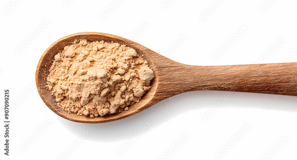 Wooden spoon with ginseng powder isolated on white background, top view Wooden spoon with ginseng powder isolated on white background, top view