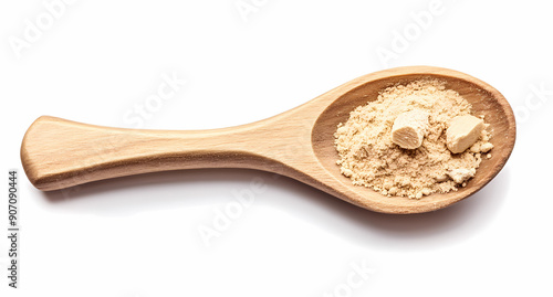 Wooden spoon with ginseng powder isolated on white background, top view  photo