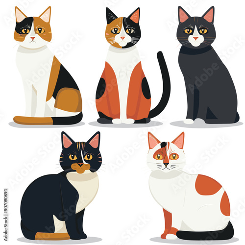 Set various calico cats sitting standing looking forward, different patterns colors. Multiple calico cats unique fur markings, attentive expressions cute feline friends collection. Cartoon cats