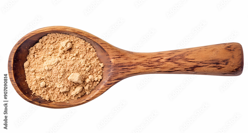 Wooden spoon with ginseng powder isolated on white background, top view Wooden spoon with ginseng powder isolated on white background, top view