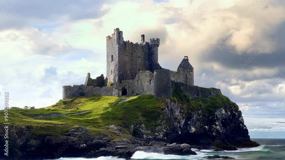 Ancient medieval castle on island. Scenic landscape. Historical and medieval architecture concept. Travel and history. Ancient medieval castle on island. Scenic landscape. Historical and medieval architecture concept. Travel and history.