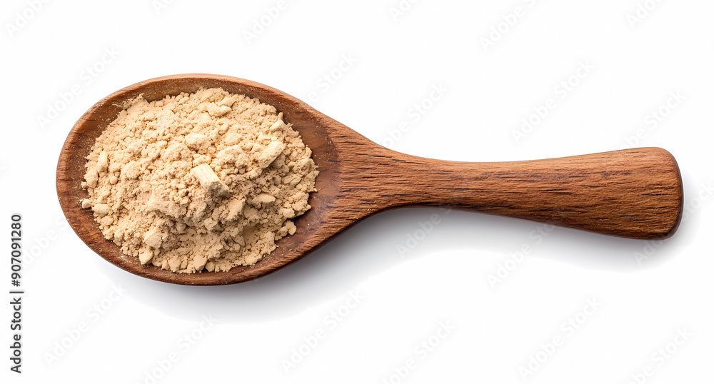 Wooden spoon with ginseng powder isolated on white background, top view Wooden spoon with ginseng powder isolated on white background, top view
