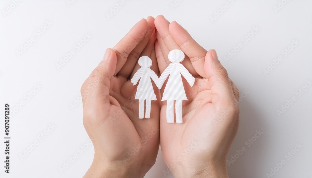 Paper doll family with both hands, symbolizing welfare Paper doll family with both hands, symbolizing welfare