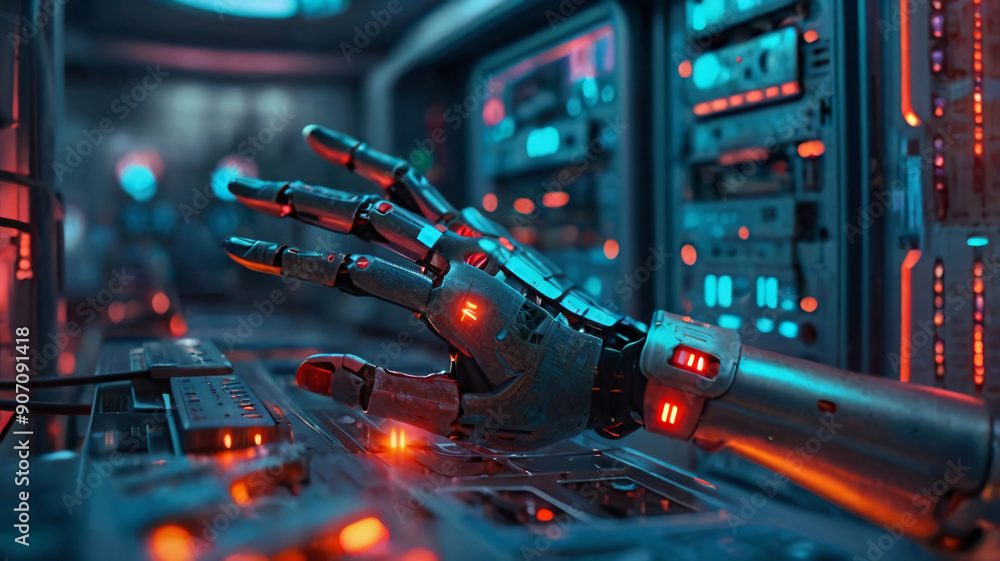 Intricate Interaction Between a Robotic Hand and a High-Tech Control Panel in a Cyberpunk Realm Intricate Interaction Between a Robotic Hand and a High-Tech Control Panel in a Cyberpunk Realm
