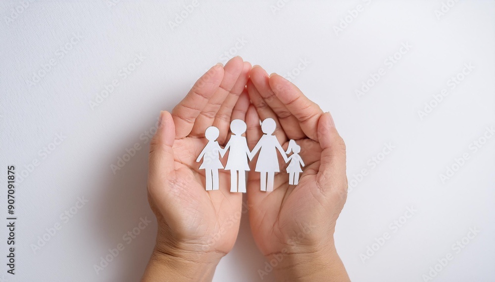 Paper doll family with both hands, symbolizing welfare Paper doll family with both hands, symbolizing welfare