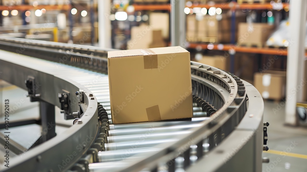 A recyclable cardboard box being transported on a conveyor belt in a modern logistics center, prepared for delivery to an online client as part of a large retail business's conveyor system A recyclable cardboard box being transported on a conveyor belt in a modern logistics center, prepared for delivery to an online client as part of a large retail business's conveyor system