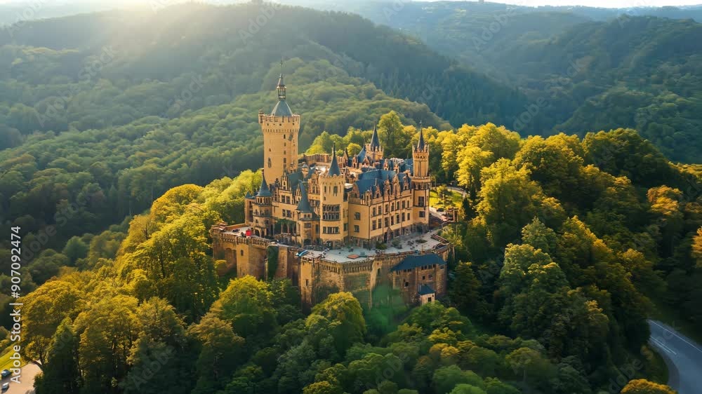Medieval castle in forest. Ancient fortress landscape. Historical and medieval architecture concept. Travel and history. Aerial view Medieval castle in forest. Ancient fortress landscape. Historical and medieval architecture concept. Travel and history. Aerial view