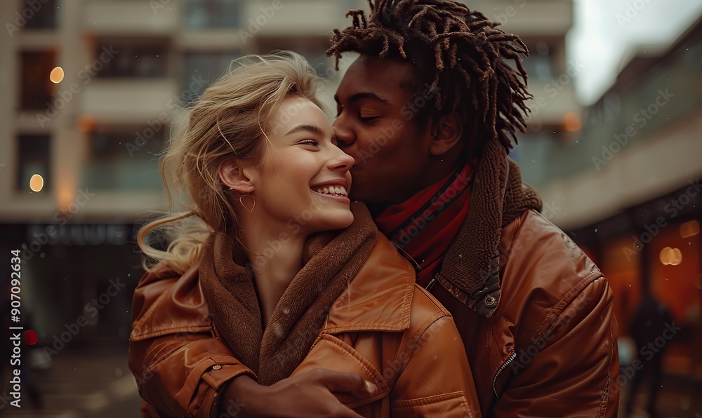 A loving young couple shares a kiss in the city, with the boyfriend lifting his girlfriend as she jumps. A loving young couple shares a kiss in the city, with the boyfriend lifting his girlfriend as she jumps.