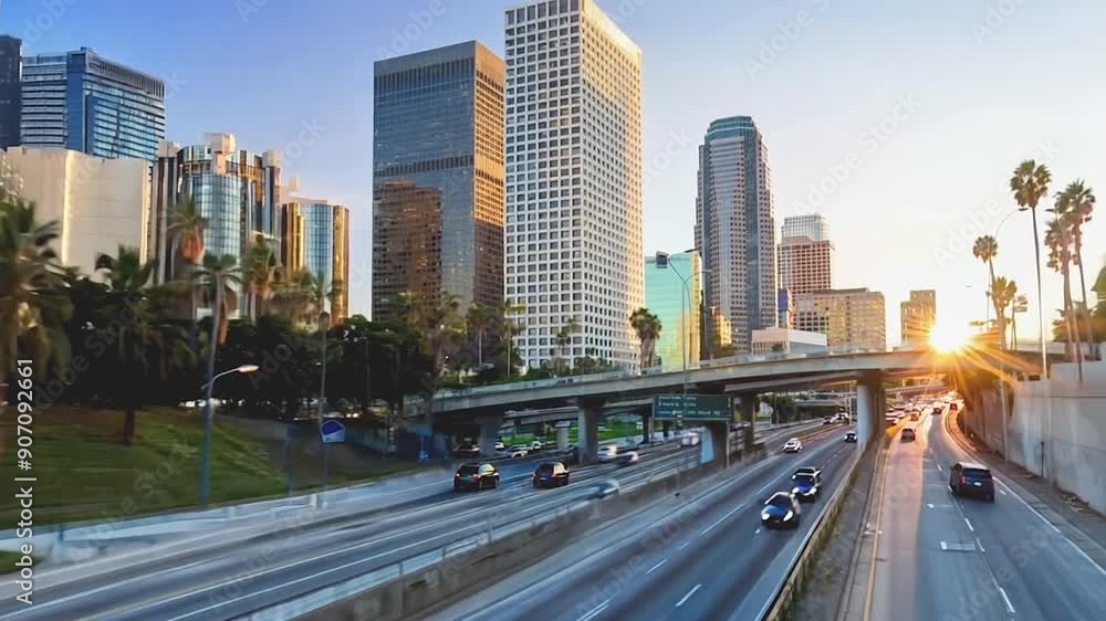 Los Angeles downtown buildings skyline freeway traffic Los Angeles downtown buildings skyline freeway traffic