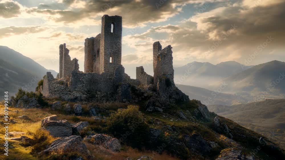 Ruined medieval castle on hill at sunset. Scenic landscape. Historical and medieval architecture concept. Travel and history. Banner, wallpaper, background Ruined medieval castle on hill at sunset. Scenic landscape. Historical and medieval architecture concept. Travel and history. Banner, wallpaper, background