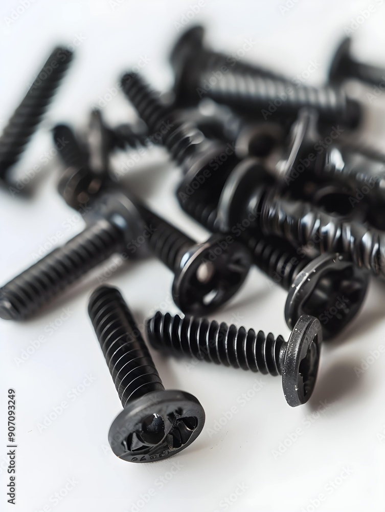 Black metal self-tapping screws isolated against a white background Black metal self-tapping screws isolated against a white background