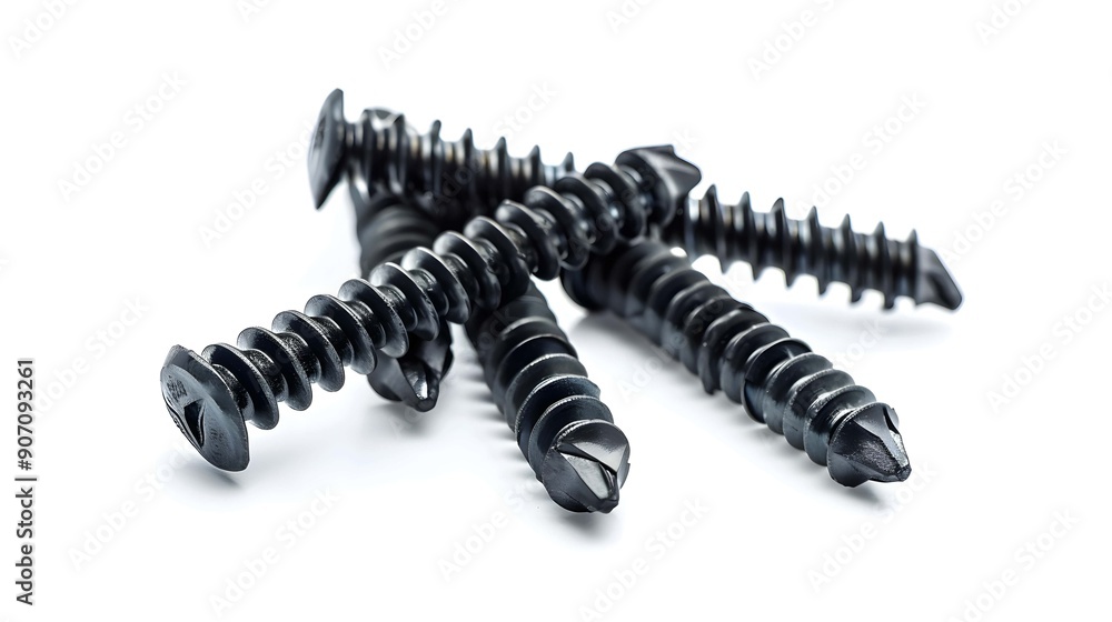 Black metal self-tapping screws isolated against a white background Black metal self-tapping screws isolated against a white background