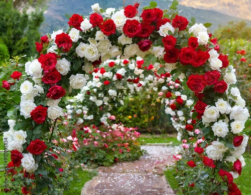 Rose Arch In the Garden; beautiful white and red flowers