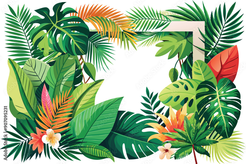 Exotic green leaves background. Natural palm leaves frame, tropical leaves frame. Vector design illustration Exotic green leaves background. Natural palm leaves frame, tropical leaves frame. Vector design illustration