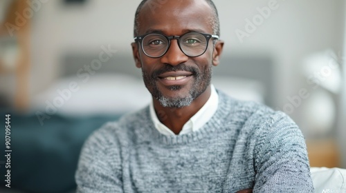 Smiling Man in Gray Sweater Sitting Comfortably in Cozy Indoor Space